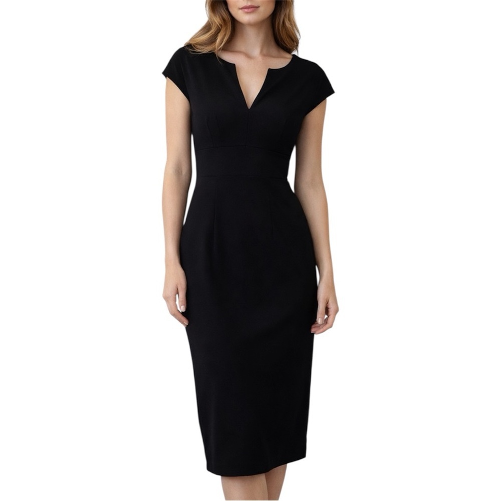 Trina Turk Black Sheath Dress Cap Sleeve V-Neck Midi Career Office Minimalist 4